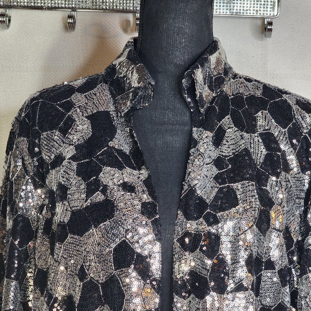 Chico's Black Silver Sequin Twilight Dazzle Tropez Poly Jacket Sz Chico 3 US XL - Picture 5 of 16